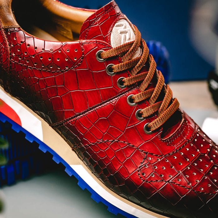 Zelli Rocco Hand-Burnished Embossed Crocodile Sneakers in Red
