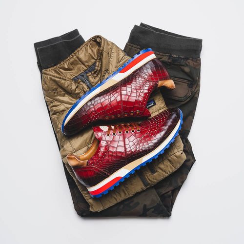 Zelli Rocco Hand-Burnished Embossed Crocodile Sneakers in Red