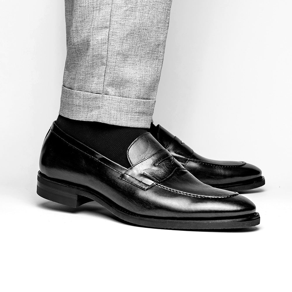 Zelli Roma Hand-Burnished Calfskin Penny Loafers in Black