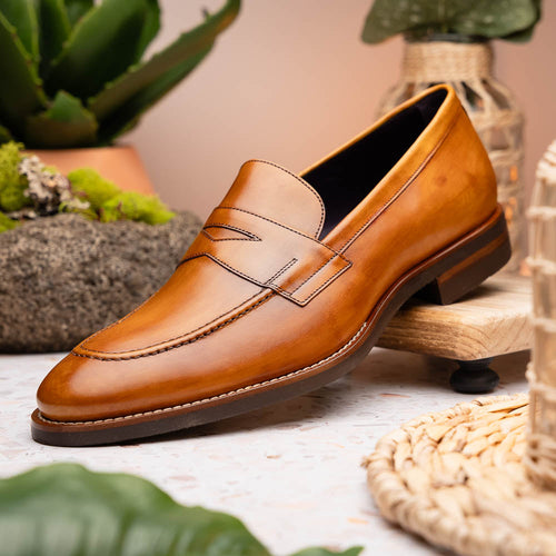 Zelli Roma Hand-Burnished Calfskin Penny Loafers in Camel