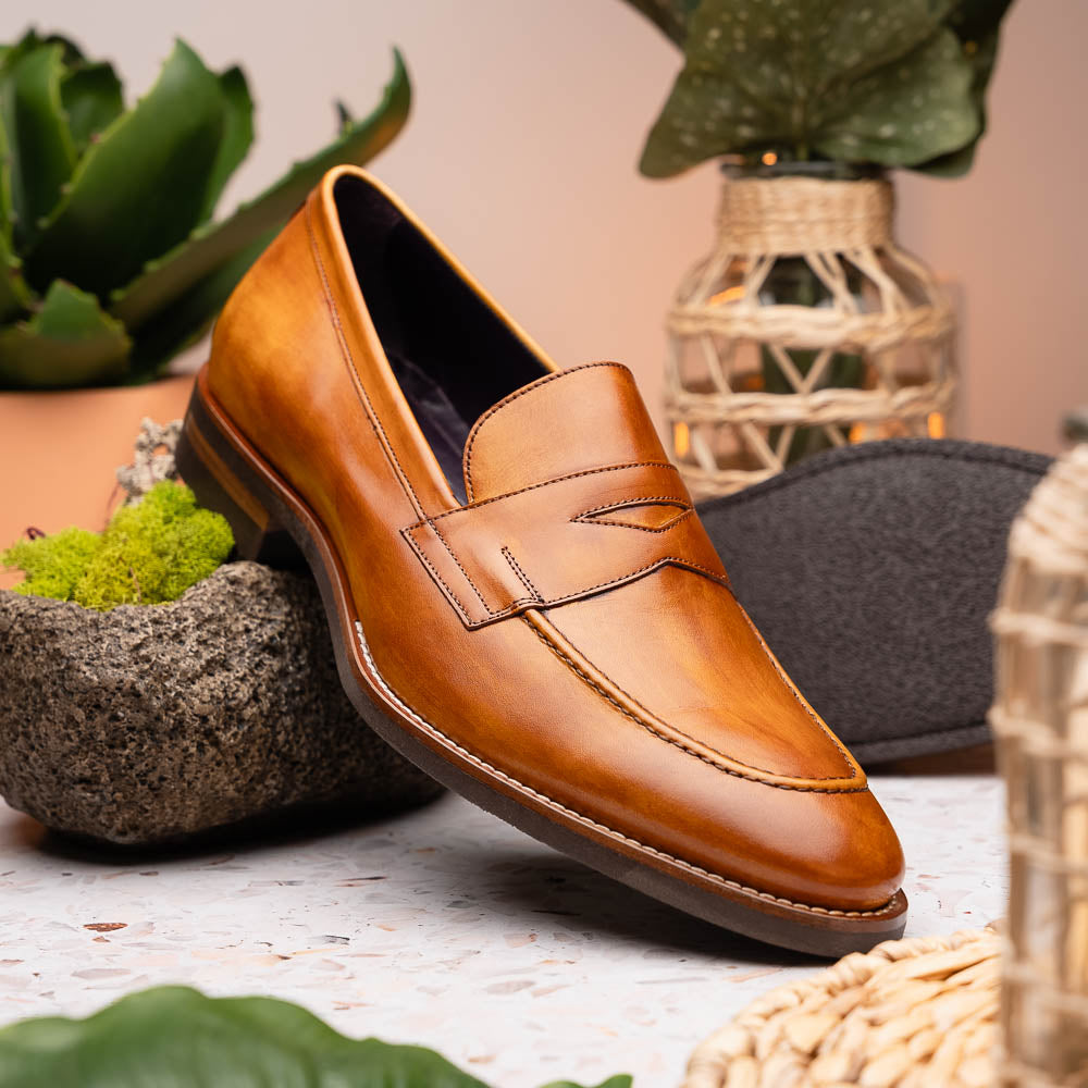 Zelli Roma Hand-Burnished Calfskin Penny Loafers in Camel
