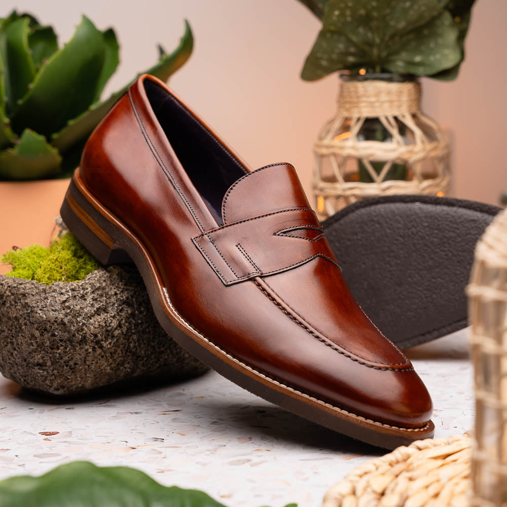 Zelli Roma Hand-Burnished Calfskin Penny Loafers in Cognac