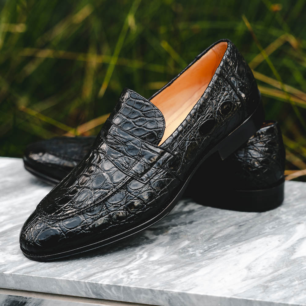Zelli Roma Genuine Caiman Crocodile Penny Loafer in Black