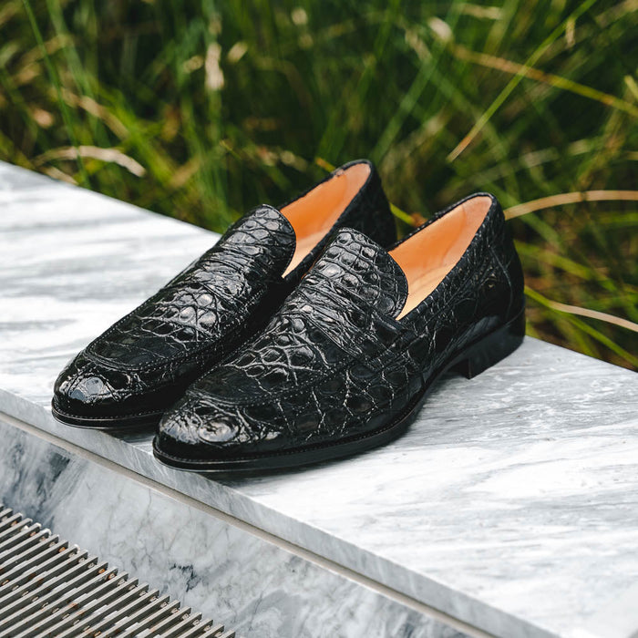 Zelli Roma Genuine Caiman Crocodile Penny Loafer in Black