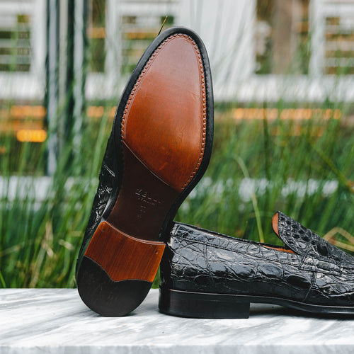 Zelli Roma Genuine Caiman Crocodile Penny Loafer in Black