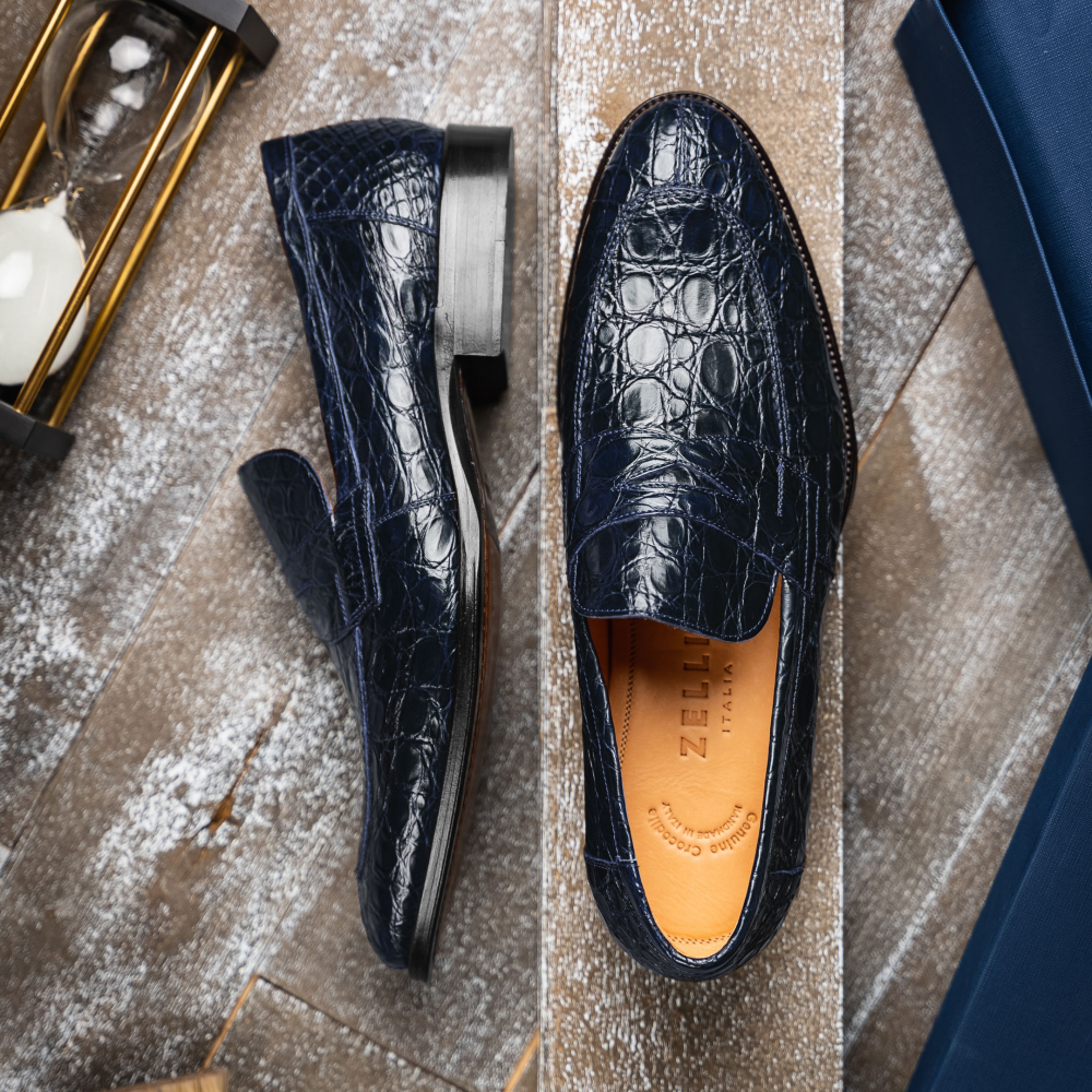 Zelli Roma Classic Penny Loafers in Genuine Caiman Crocodile Navy