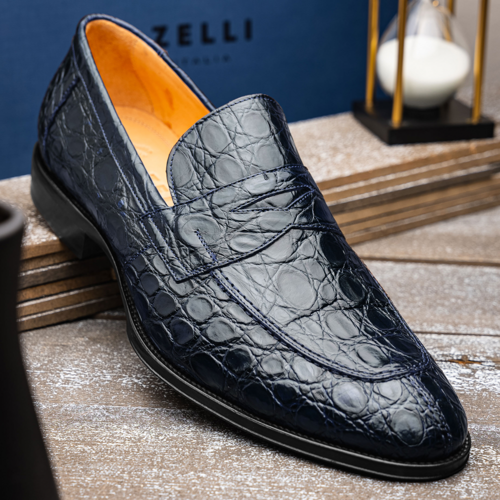 Zelli Roma Classic Penny Loafers in Genuine Caiman Crocodile Navy