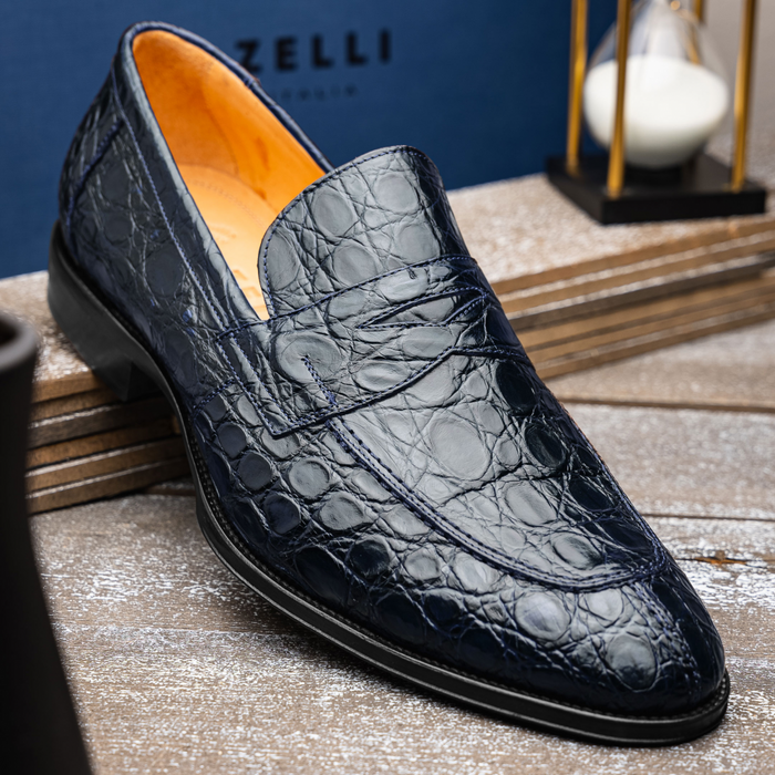 Zelli Roma Classic Penny Loafers in Genuine Caiman Crocodile Navy