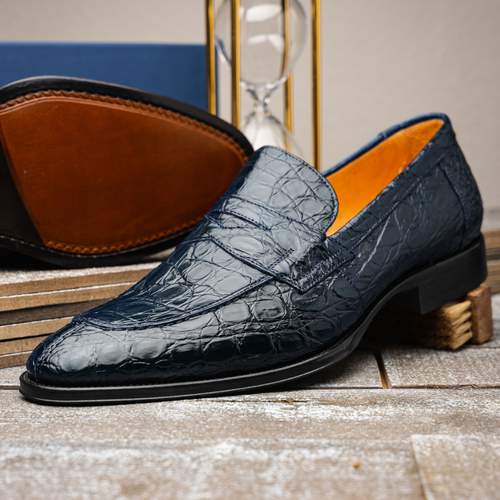 Zelli Roma Classic Penny Loafers in Genuine Caiman Crocodile Navy