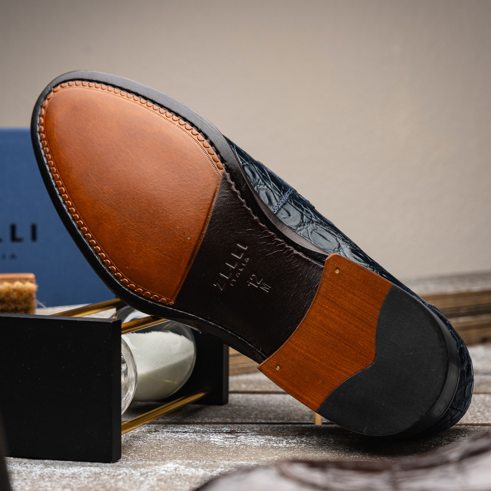 Zelli Roma Classic Penny Loafers in Genuine Caiman Crocodile Navy