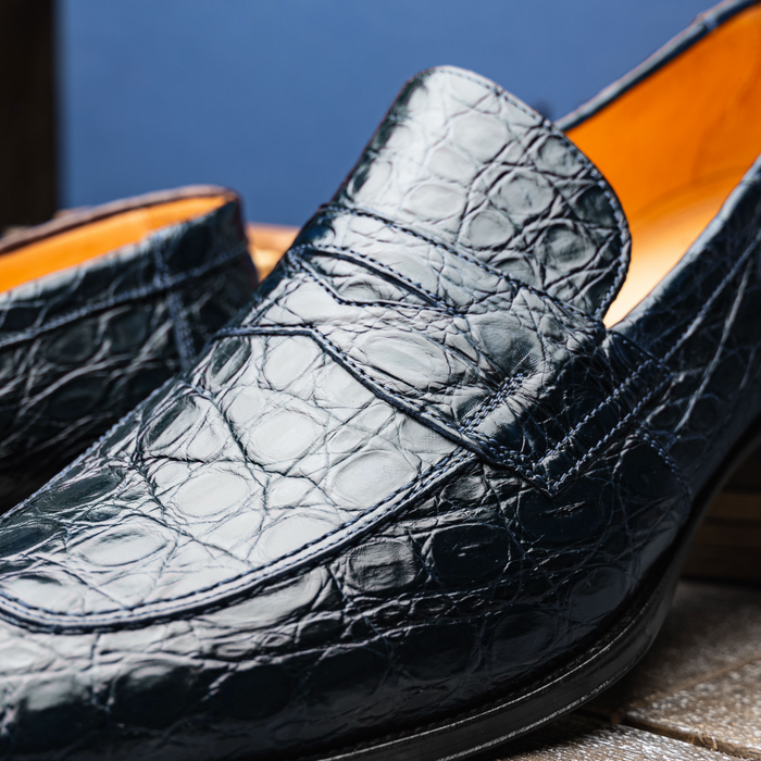 Zelli Roma Classic Penny Loafers in Genuine Caiman Crocodile Navy