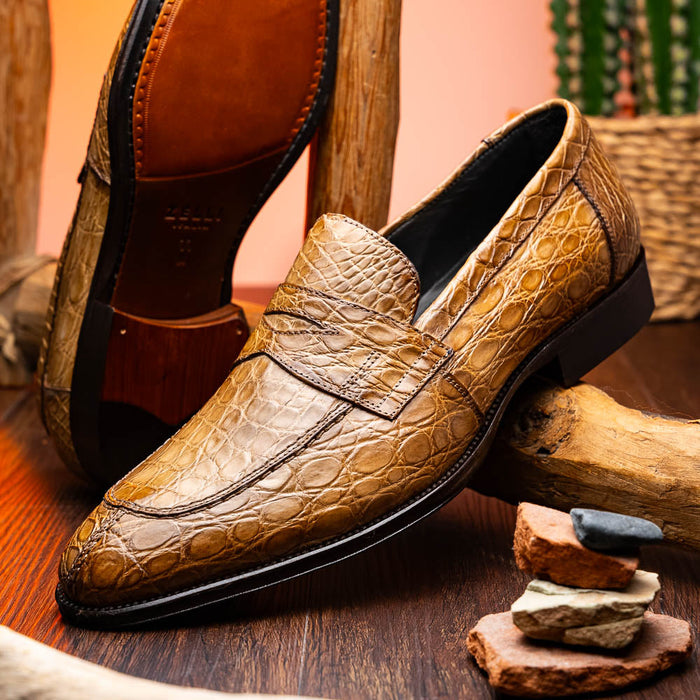 Zelli Roma Genuine Caiman Crocodile Penny Loafers in Taupe