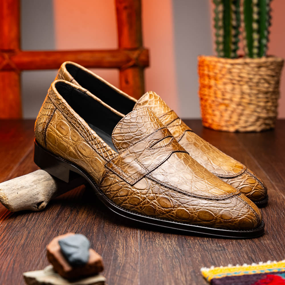 Zelli Roma Genuine Caiman Crocodile Penny Loafers in Taupe