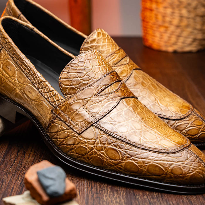 Zelli Roma Genuine Caiman Crocodile Penny Loafers in Taupe