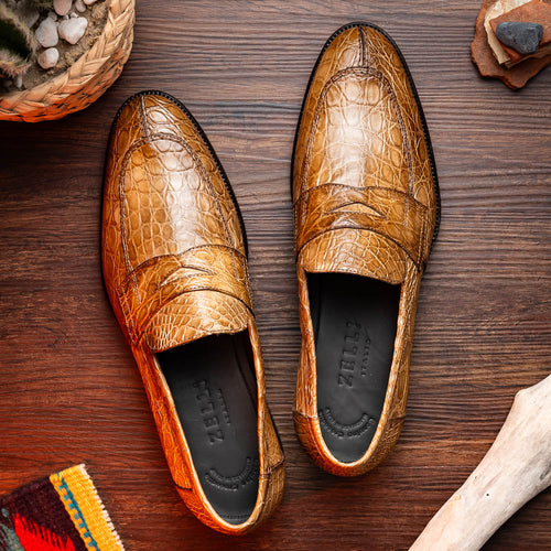 Zelli Roma Genuine Caiman Crocodile Penny Loafers in Taupe