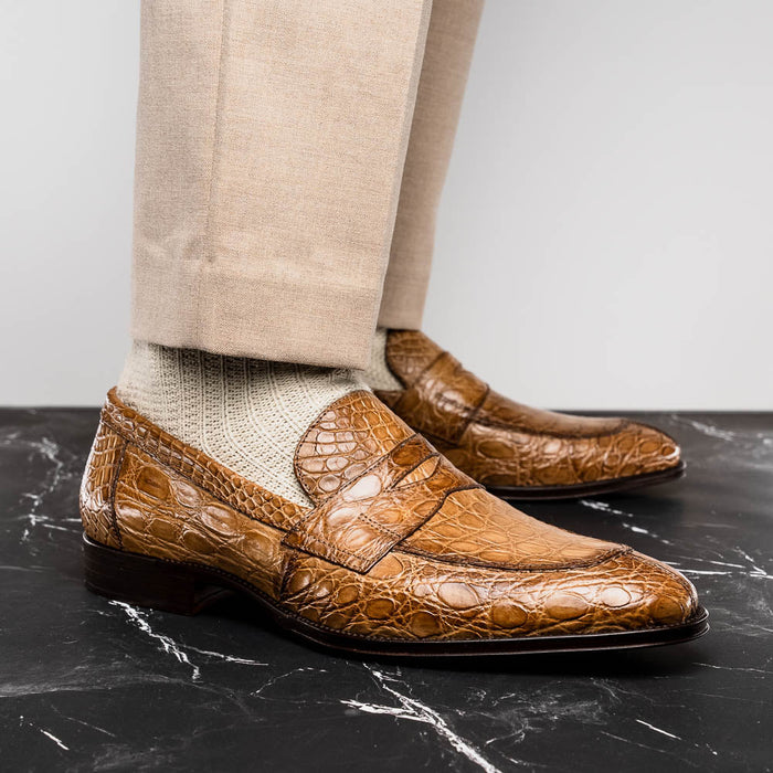Zelli Roma Genuine Caiman Crocodile Penny Loafers in Taupe