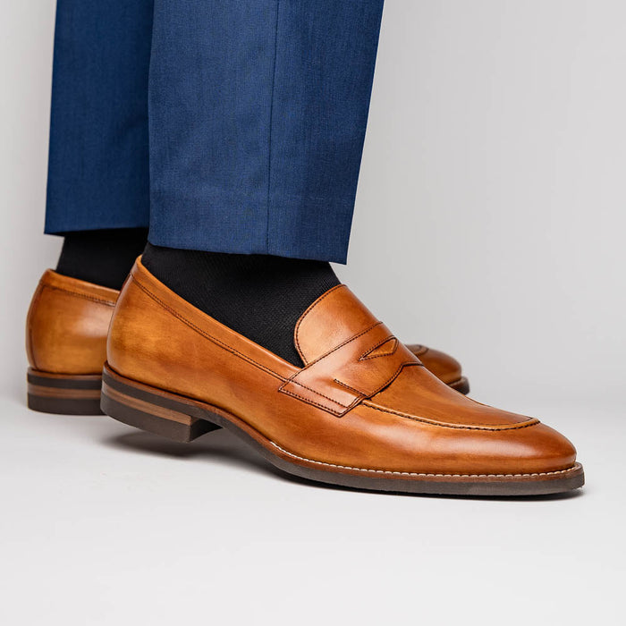 Zelli Roma Hand-Burnished Calfskin Penny Loafers in Camel