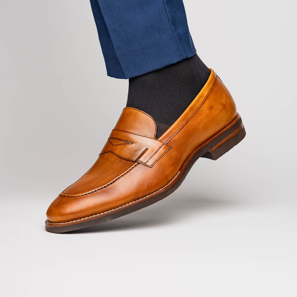 Zelli Roma Hand-Burnished Calfskin Penny Loafers in Camel