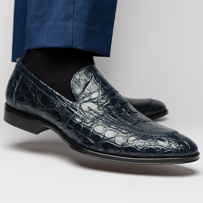 Zelli Roma Classic Penny Loafers in Genuine Caiman Crocodile Navy