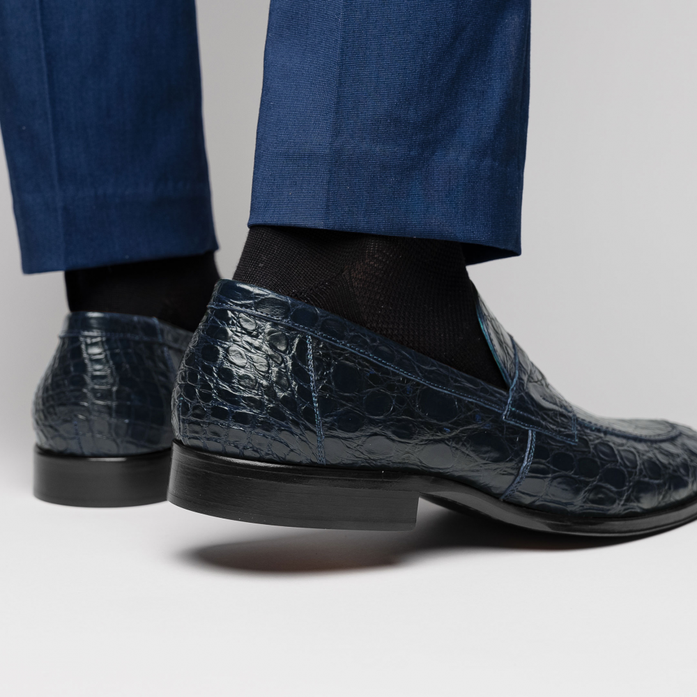 Zelli Roma Classic Penny Loafers in Genuine Caiman Crocodile Navy