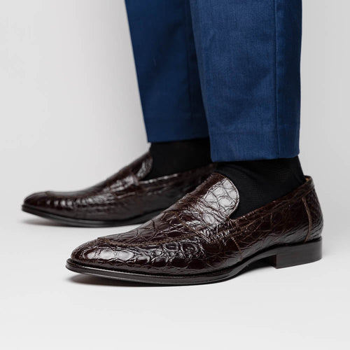 Zelli Roma Genuine Caiman Crocodile Penny Loafers in Nicotine