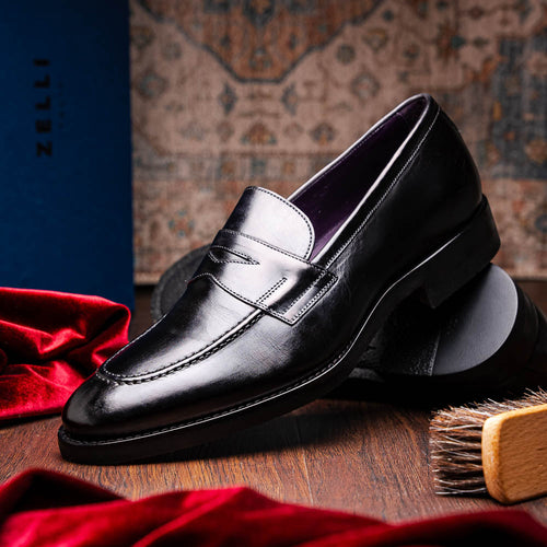 Zelli Roma Hand-Burnished Calfskin Penny Loafers in Black