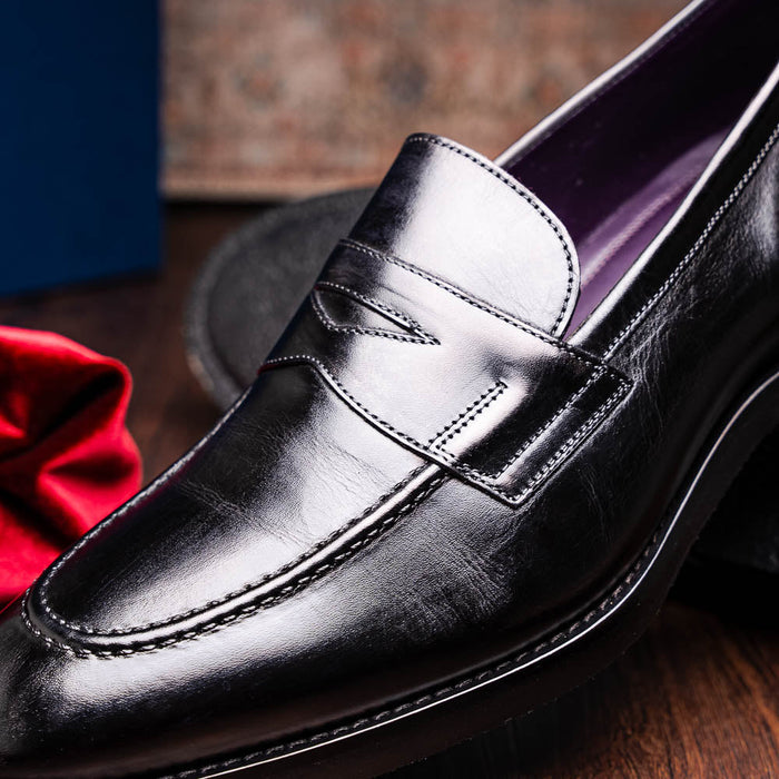 Zelli Roma Hand-Burnished Calfskin Penny Loafers in Black