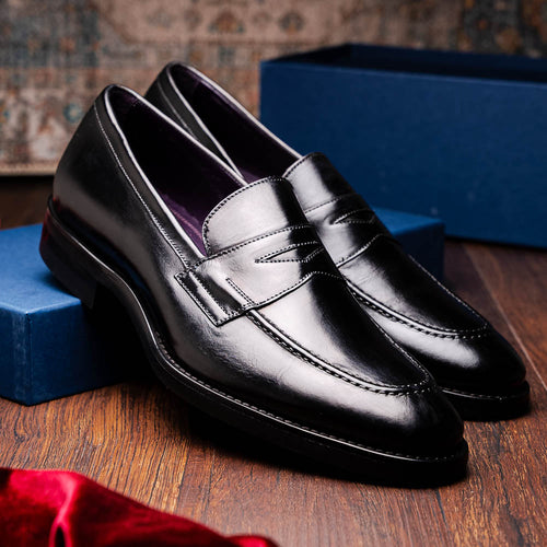 Zelli Roma Hand-Burnished Calfskin Penny Loafers in Black