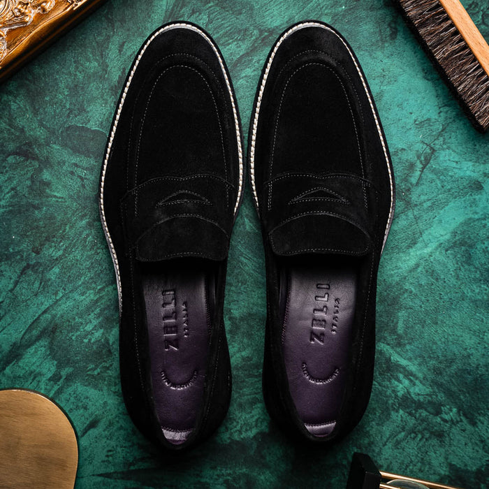 Zelli Roma Versatile Italian Suede Penny Loafers in Black