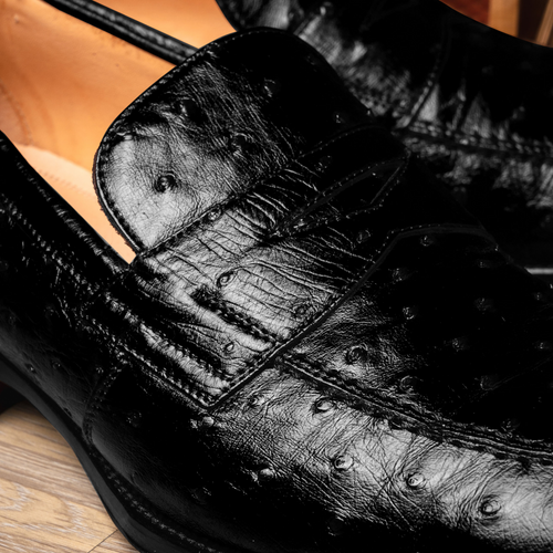Zelli Roma Classic Penny Loafers in Genuine Black Ostrich Quill