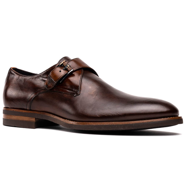 Zelli Roman Smooth Calfskin Monk Strap Dress Shoes in Chestnut