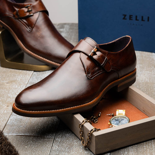 Zelli Roman Smooth Calfskin Monk Strap Dress Shoes in Chestnut