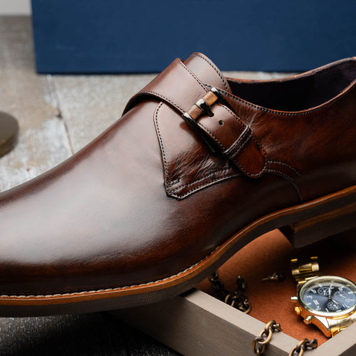 Zelli Roman Smooth Calfskin Monk Strap Dress Shoes in Chestnut