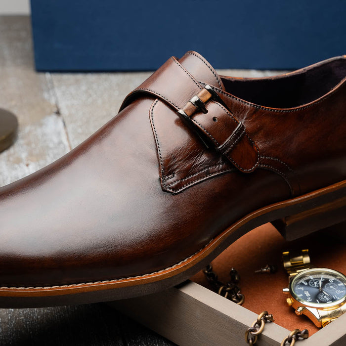 Zelli Roman Smooth Calfskin Monk Strap Dress Shoes in Chestnut