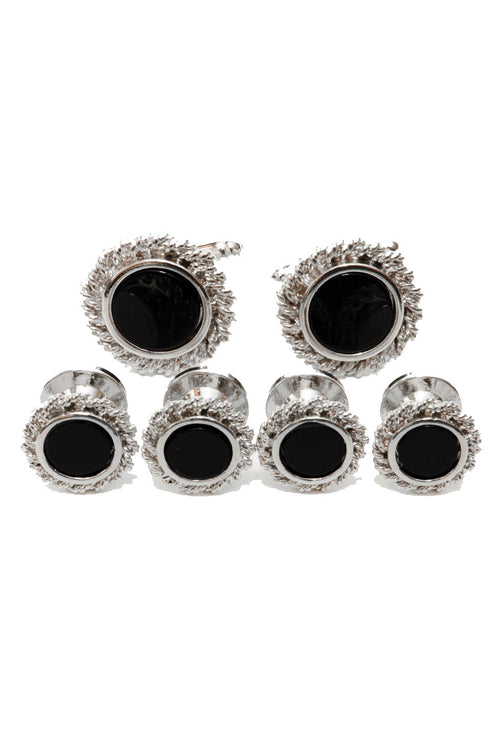 Black Onyx with Rope Silver Trim Studs and Cufflinks Set by Cristoforo Cardi