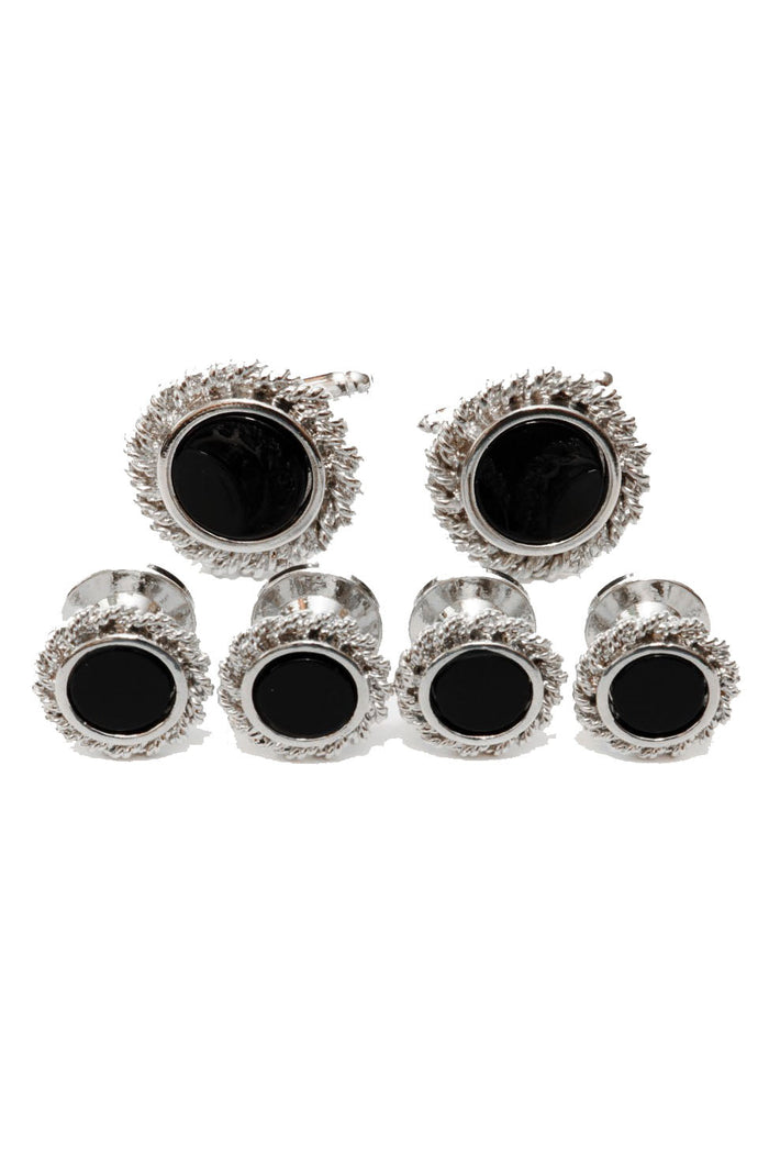 Black Onyx with Rope Silver Trim Studs and Cufflinks Set by Cristoforo Cardi