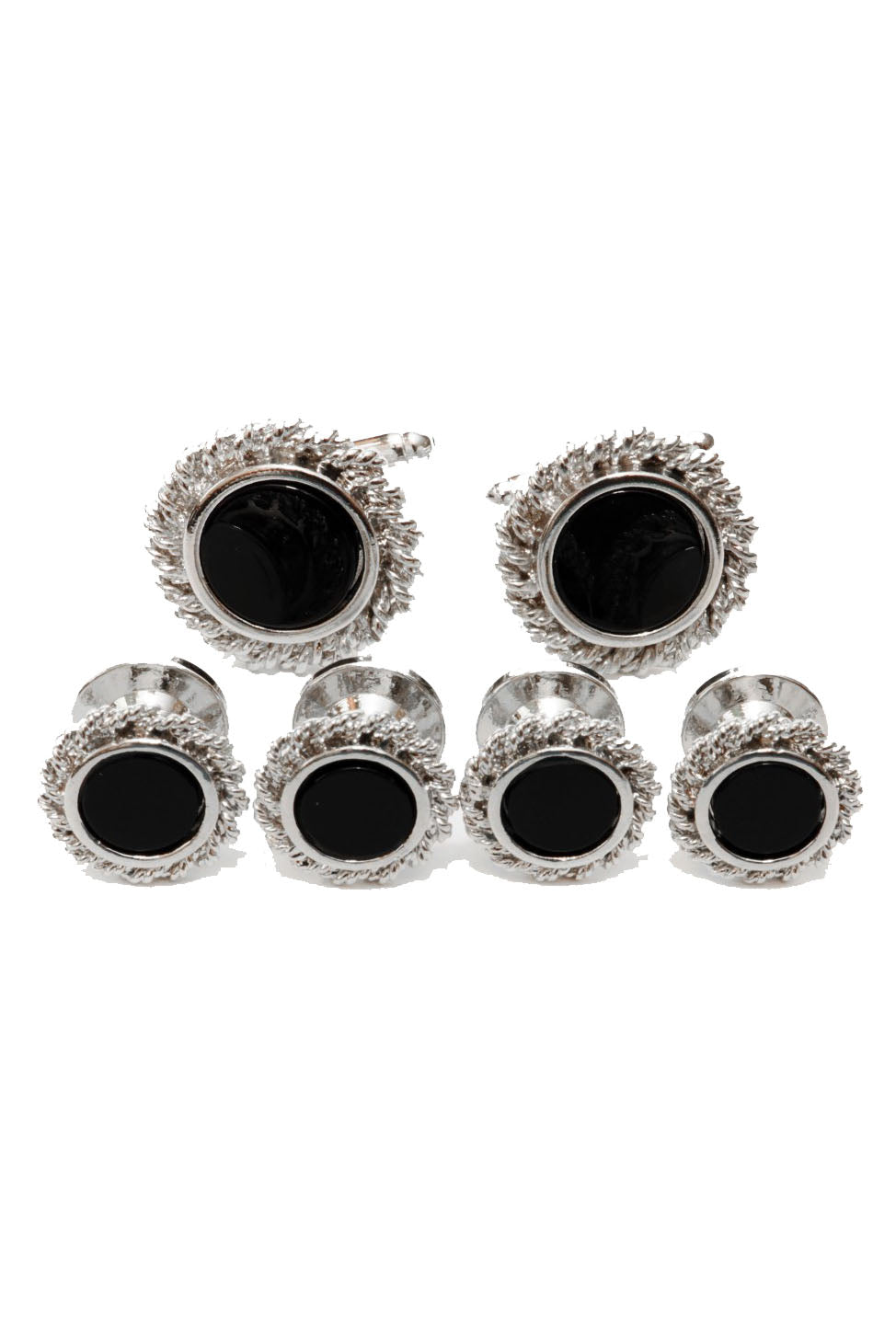 Black Onyx with Rope Silver Trim Studs and Cufflinks Set by Cristoforo Cardi