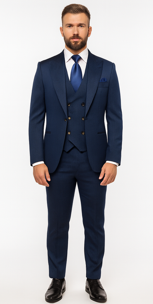 Rossi Man BOND RM1752 Slim Fit 3-Piece Navy Suit - Double-Breasted Vest by USA Men's Outlet
