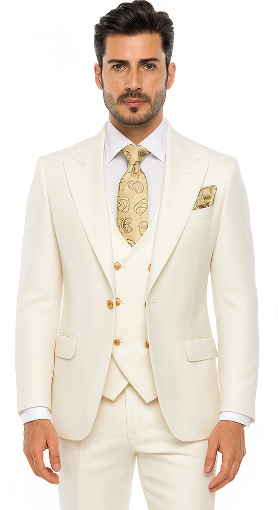 Rossi Man BOND RM1770 Slim Fit 3-Piece White Suit - 1-Button Peak Lapel Stylish Men’s Formalwear USA Men's Outlet