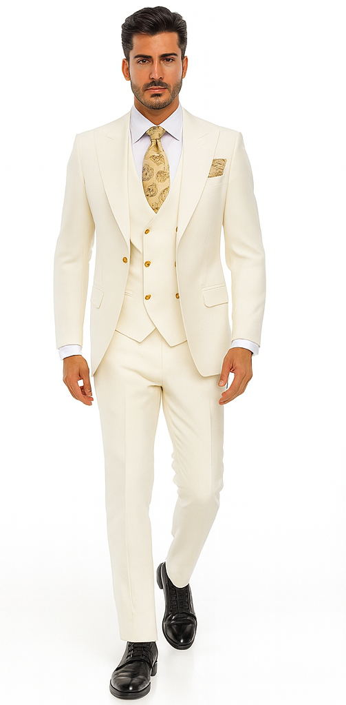 Rossi Man BOND RM1770 Slim Fit 3-Piece White Suit - 1-Button Peak Lapel Stylish Men’s Formalwear USA Men's Outlet