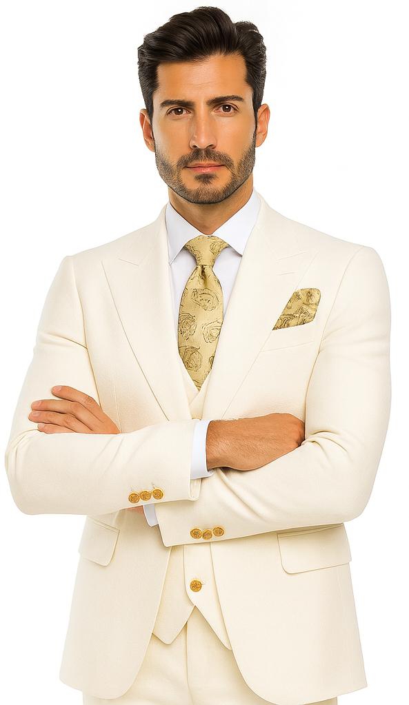 Rossi Man BOND RM1770 Slim Fit 3-Piece White Suit - 1-Button Peak Lapel Stylish Men’s Formalwear USA Men's Outlet