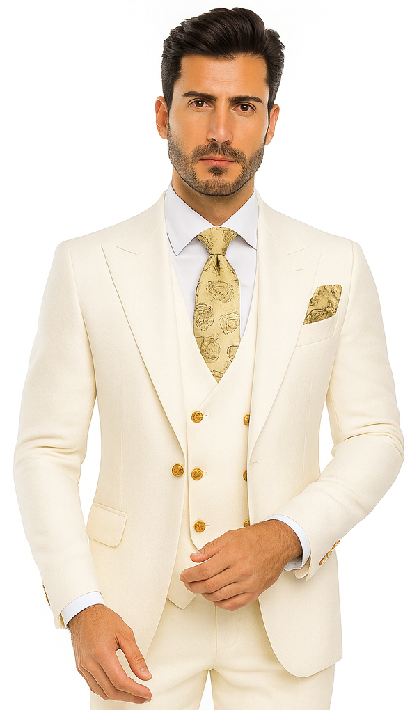 Rossi Man BOND RM1770 Slim Fit 3-Piece White Suit - 1-Button Peak Lapel Stylish Men’s Formalwear USA Men's Outlet
