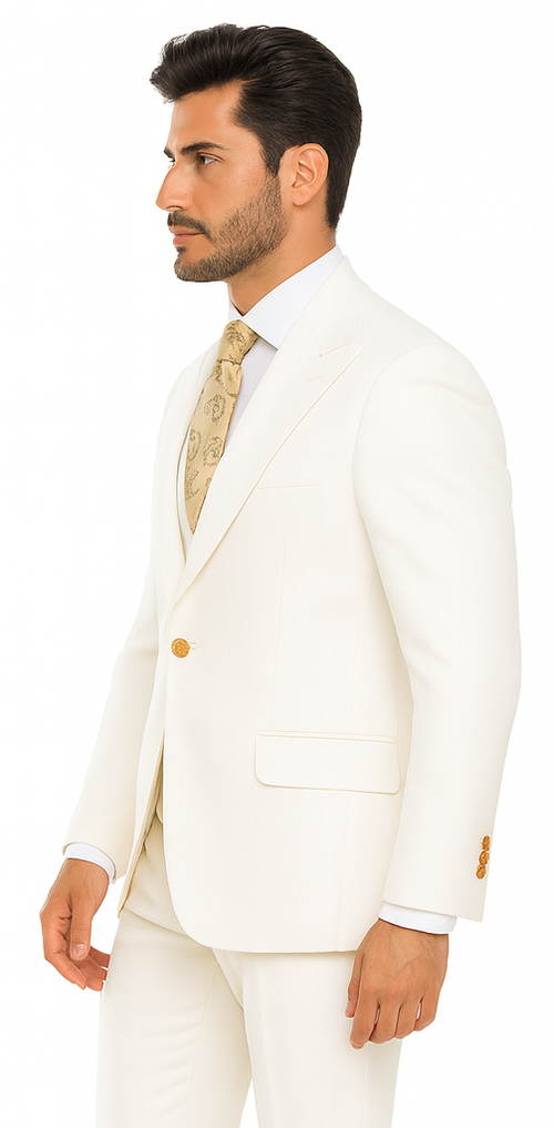Rossi Man BOND RM1770 Slim Fit 3-Piece White Suit - 1-Button Peak Lapel Stylish Men’s Formalwear USA Men's Outlet