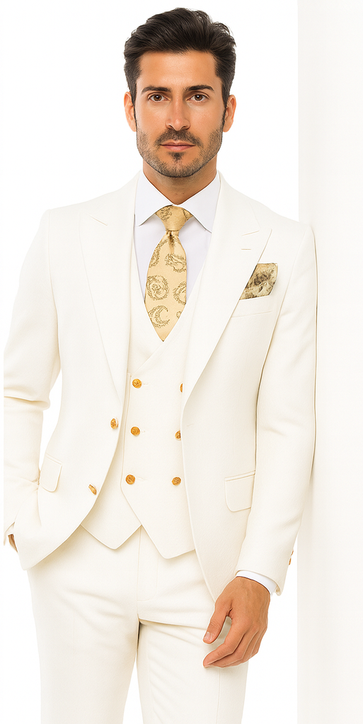 Rossi Man BOND RM1770 Slim Fit 3-Piece White Suit - 1-Button Peak Lapel Stylish Men’s Formalwear USA Men's Outlet
