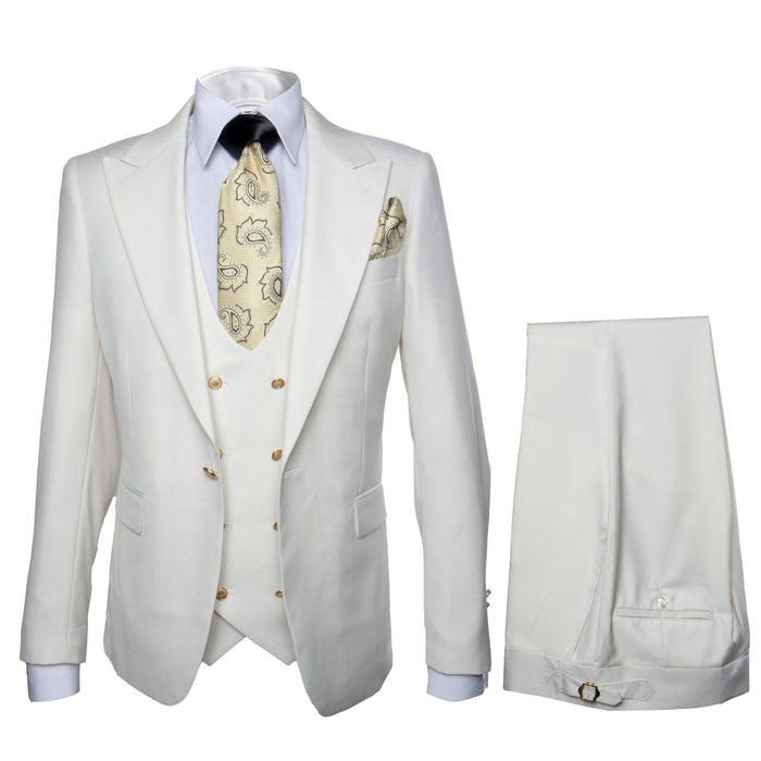 Rossi Man BOND RM1770 Slim Fit 3-Piece White Suit - 1-Button Peak Lapel Stylish Men’s Formalwear USA Men's Outlet