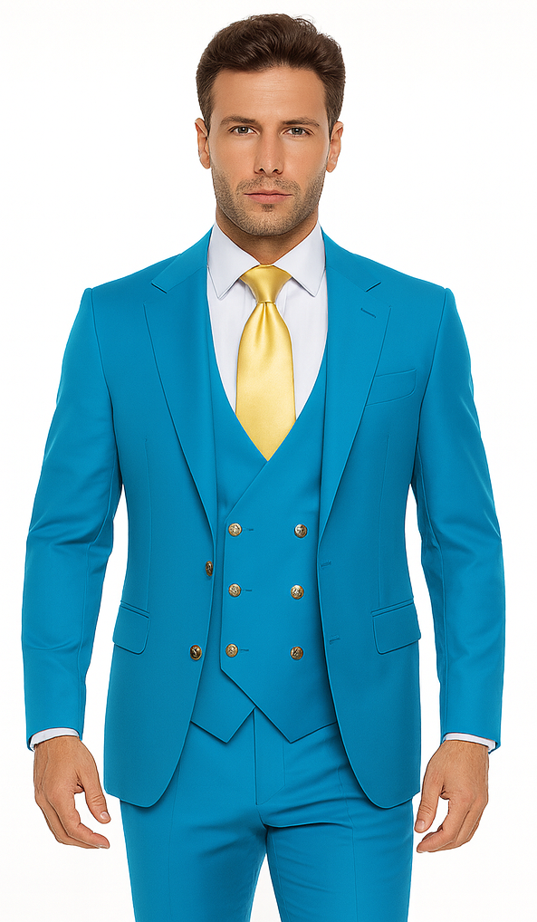 Rossi Man BOND RM1776 Slim Fit 3-Piece Suit - Turquoise Blue Men’s Formalwear by USA Men's Outlet
