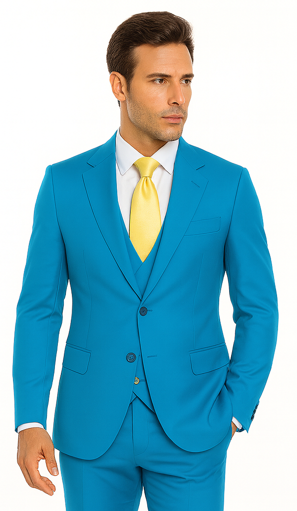 Rossi Man BOND RM1776 Slim Fit 3-Piece Suit - Turquoise Blue Men’s Formalwear by USA Men's Outlet