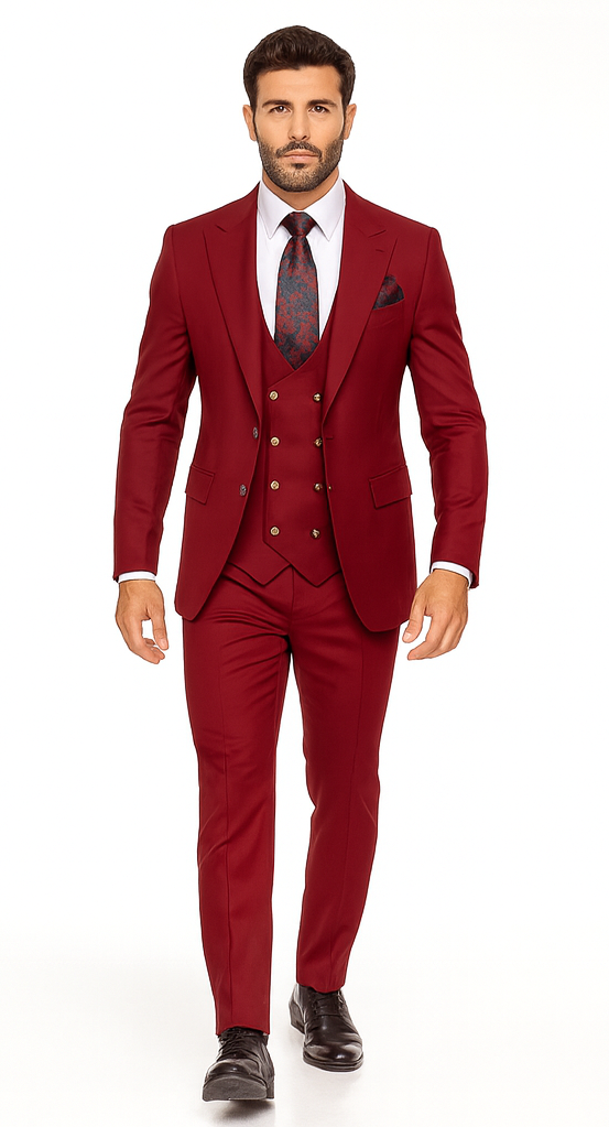 Rossiman Men’s Navy Blue Suit - Classic 1-Button Peak Lapel Jacket with Double-Breasted Vest by USA Men's Outlet