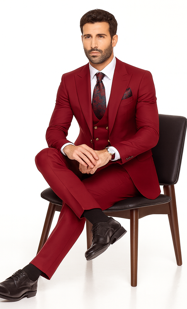 Rossiman Men’s Navy Blue Suit - Classic 1-Button Peak Lapel Jacket with Double-Breasted Vest by USA Men's Outlet