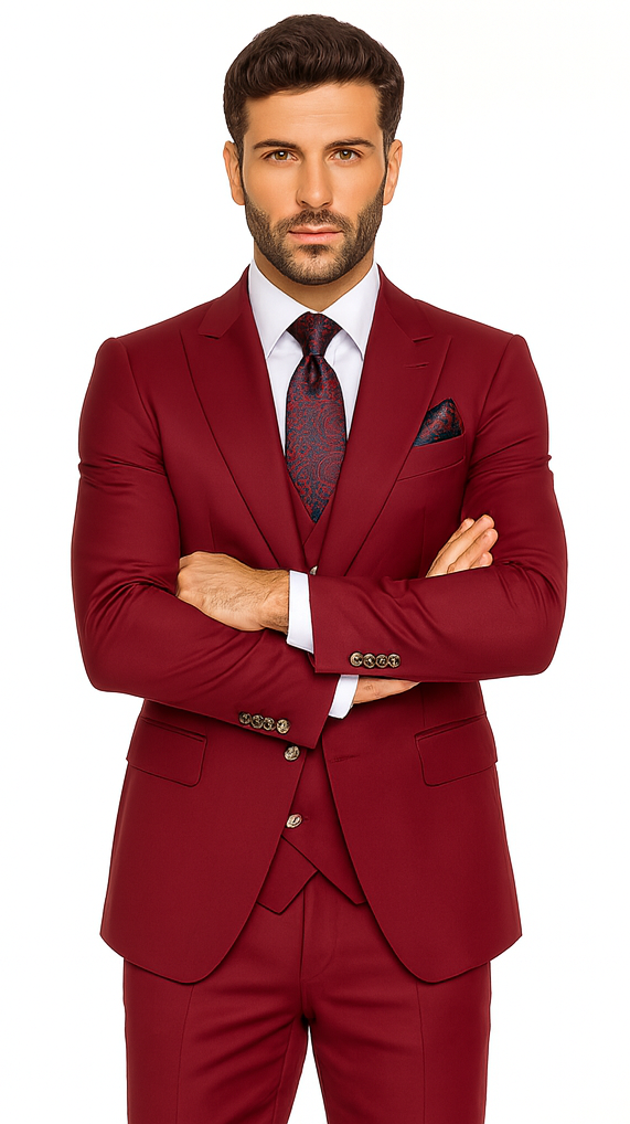 Rossiman Men’s Navy Blue Suit - Classic 1-Button Peak Lapel Jacket with Double-Breasted Vest by USA Men's Outlet